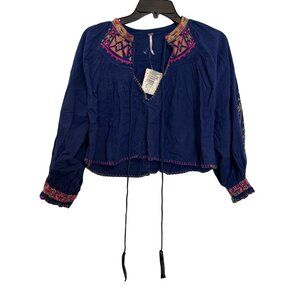 Free People Embroidered Peasant Blouse Womens XS Blue Multicolor Boho Top